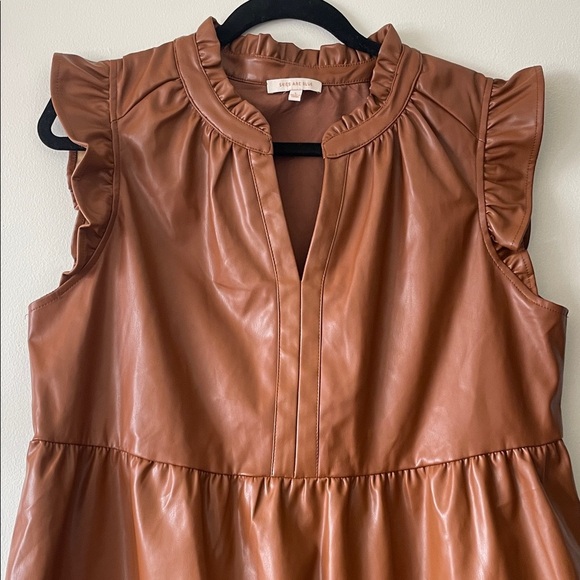 Camel Brown Vegan Leather Ruffle Sleeve Dress-Large - Picture 7 of 11